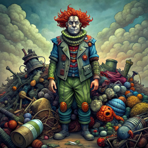 a haggard clown on a pile of junk