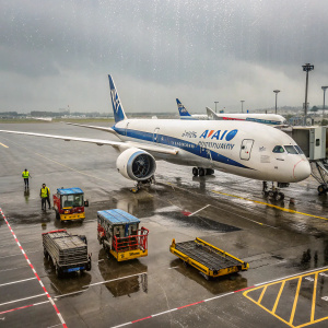 ANA Boeing 787 parked at gate C43 at Haneda Airport, Tokyo. Light rain, puddles on tarmac, surrounded by baggage carts and airport workers.
