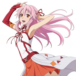 Digital art of Inori Yuzuriha, female anime character with dynamic pose. Illustration detailed, vivid colors
