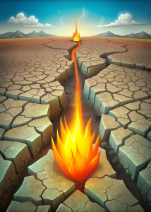cartoon, A crack in the ground from which tongues of fire shoot out.