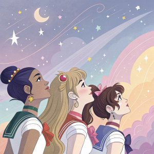 Illustration of Sailor Guardians, cosmic heroines with diverse appearances. Pastel hues, dreamy style, and soft gradients. Background: celestial skies and gentle pastels.