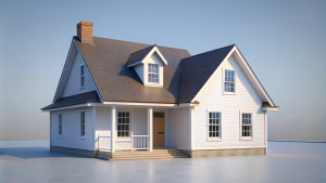 Simple 3D rendered house on a light grey background