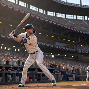 3D rendering of a baseball player, MLB The Show 21, intense batting stance, surrounded by virtual fans in a stadium.