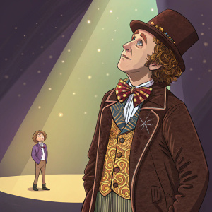 Gene Wilder as Willy Wonka in vibrant costume, intricate patterns on brown coat, thoughtful expression, spotlight on stage, warm glow, another character standing beside, smaller in size.