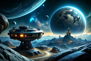 Capture the scene of a space habitat on a terraformed moon, complete with advanced terraforming machinery and artificial gravity