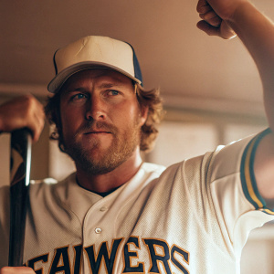 Jett Bandy, baseball player, posing confidently in his white Milwaukee Brewers jersey. Proud look. Neutral backdrop.