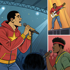 Illustration depicting scenes from Supa Strikas. Characters performing on stage, close-ups of instruments, and interactions between figures. Comic book style