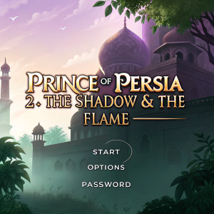 Title screen for 'Prince of Persia 2: The Shadow & The Flame'. Features the game title in a grand, stylized font. Below, 'Start', 'Options', and 'Password' sections. Lavish use of purple and green hues. Soft, cloud-like background elements.
