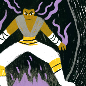 Digital painting of Yoruichi Shihouin in fierce battle stance. Purple flames encircle her form. Dark background