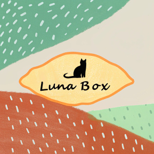 Luna Box logo, chic design for cat subscription boxes. Silhouette of a cat, playful font, modern style, muted blue tones, minimalist background.