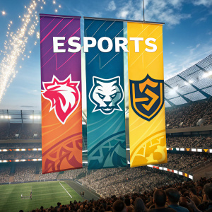 Digital graphic featuring vibrant esports banners. Background showcases a dynamic stadium with cheering crowds.