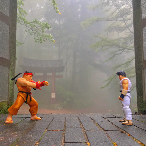Two Ryu action figures from Street Fighter. White background, one figure standing guard pose, other in fighting stance
