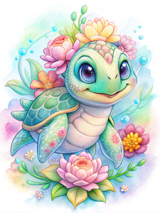 Tartaruga marina baby colorata con fiori cartoon colore pastello sfondo bianco vernice 