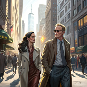 Jennifer Connelly and Paul Bettany walking down a bustling street in New York City. Bright sun shining above, crowded sidewalks