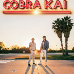 Promotional poster for Cobra Kai featuring Johnny Lawrence and Daniel LaRusso. Both characters in iconic martial arts stances, standing against a sunset backdrop with neon lights casting shadows. The title 'Cobra Kai' in bold letters, stylized in classic 80s font.