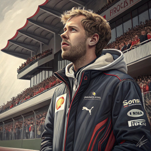 Sebastian Vettel at the Grand Prix, wearing a casual jacket with logos, standing in front of a packed grandstand, close-up candid shot
