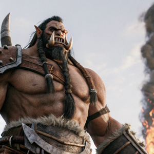 Cho'Gall, a muscular, tusked, and bearded orc from the Warcraft universe. Fierce expression in a dramatic, fiery background.