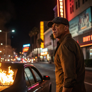 Dominic Toretto, middle-aged, Caucasian, with intense look, wearing brown shirt and cap. Standing beside burning car in downtown Los Angeles. Neon signs and billboards all around.