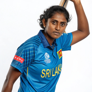 Nilakshi de Silva, Sri Lankan athlete, in blue sports jersey with Sri Lankan emblem. Posing for solo shot against white background.