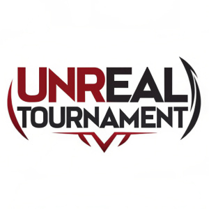 Modern logo design for video game 'Unreal Tournament'. Bold red and black graphics, sharp typography, on stark white background.