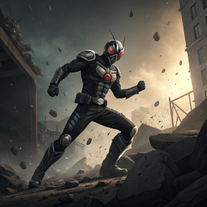 A masked hero, resembling Kamen Rider Black RX, mid-fight pose. Dynamic scene with broken surroundings and ominous shadows.