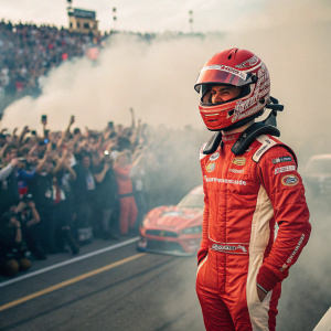 Bubba Wallace, driver, wearing red helmet and fireproof suit, posing in front of crowd. Loud cheers, smoke from cars.