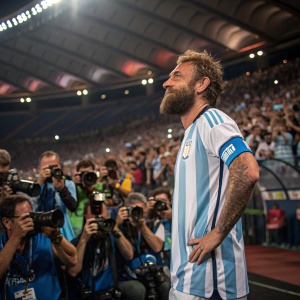 Daniele De Rossi, full beard, in a blue and white striped jersey. Press conference at the Stadio Olimpico. Crowd of photographers and reporters in the background.