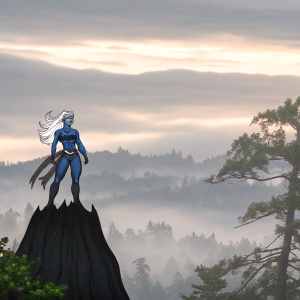 Ankah, a mystical dark elf, illustrated in vibrant comic style. Blue skin, long white hair, dramatic forest backdrop