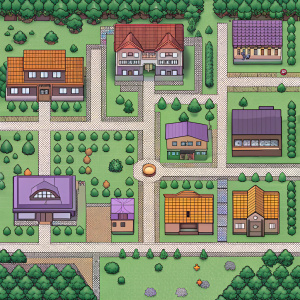 A vibrant, detailed pixel art illustration of Lavender Town from the Pokémon series. Shaded hues of brown, green, and purple bring to life the town's grid-based layout, complete with intricate pathways and buildings.