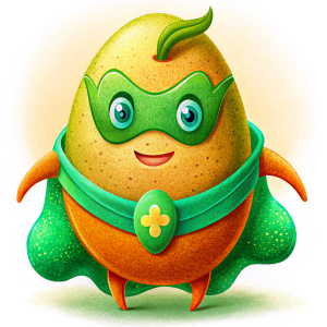 A potato-shaped superhero in a mask with a green cape and a blush on his face on a white background