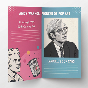Brochure: Andy Warhol, Pioneer of Pop Art

Left Side (Pink):
Explore the Life and Career of Andy Warhol, a Revolutionary Figure in 20th Century Art. Born in Pittsburgh in 1928, Warhol became an influential artist known for his unique style that merged popular culture and fine art. His iconic works featured celebrities like Marilyn Monroe, along with everyday objects such as Campbell's Soup cans.

Right Side (Blue):
Did You Know? Andy Warhol co-founded The Factory, a studio that became a hub for avant-garde artists. His famous series, 'Campbell's Soup Cans,' challenged traditional notions of art by celebrating mass-produced consumer goods. Warhol's work extended into filmmaking and music production, leaving an indelible mark on contemporary culture.

Illustrations Include:
- Andy Warhol's signature artworks of Marilyn Monroe
- A detailed depiction of a can of Campbell's Vegetable Soup
