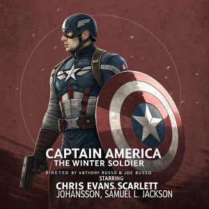 Movie poster for Captain America: The Winter Soldier. Red background, Captain America in heroic stance, stars and stripes colors. Credits below: Directed by Anthony Russo & Joe Russo, Starring Chris Evans, Scarlett Johansson, Samuel L. Jackson