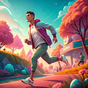Cristiano Ronaldo in an animated commercial. Wearing casual outfit, running through a vibrant digital landscape