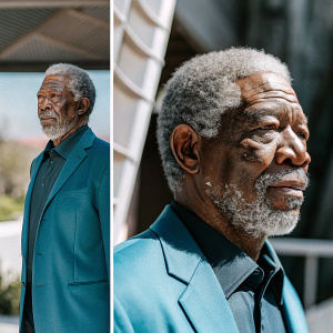 Realistic 3D render of Morgan Freeman's face from multiple angles. Detailed close-up portraits showcasing intricate facial textures and features.