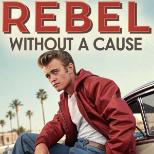 Promotional poster for 'Rebel Without a Cause'. James Dean, Natalie Wood, Sal Mineo. Classic Hollywood setting. Dean in rebel pose, Wood and Mineo in supporting roles