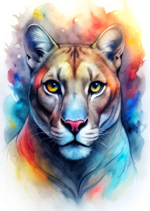 
high quality, logo style, Watercolor, powerful colorful Cougar face logo facing forward, monochrome background, awesome full color,

