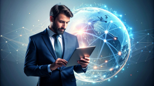 Digital marketing, global business, e-commerce concept. Businessman using mobile phone and laptop computer with global internet network connection technology, social media marketing