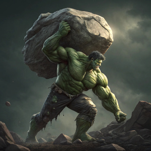 Illustration of Hulk, from Marvel Comics, in a gripping stance holding a large boulder. Dark, moody background, highlighting the rugged textures of his torn clothes and green skin.