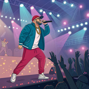 Farruko performing on stage at a vibrant concert. Flashing lights and excited fans in the background.