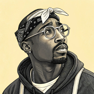 Cartoon illustration of Tupac Shakur. Black and white, detailed face and iconic spectacles. Against yellow background