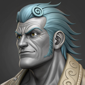 Digital illustration of Franky from One Piece anime. Detailed headshot, broad face, prominent features, unique hairstyle, swirling design, gray color, realistic texture, lifelike appearance, dark gray background.