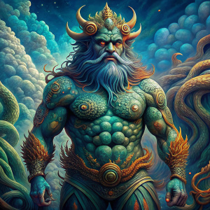 
Leviathan man sea monster thick beard arms legs sea devil big eyes sitting on a wave