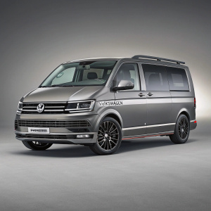 Sophisticated 3D model of a Volkswagen Transporter T6 Kombi. Metallic grey, angular lines. Front features Volkswagen logo. Neutral, grey background.