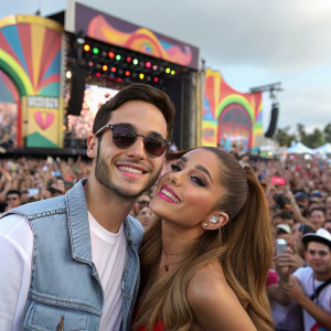 Ariana Grande and Ricky Alvarez at a bustling outdoor festival. Crowds of fans cheering, colorful stage in the background.
