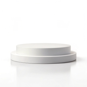 3D rendering of a single—level podium for product demonstration, white color, white background, -ar 3:4