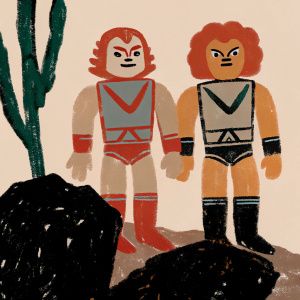 Digital art of Wilykit and Wilykat from Thundercats, crafted into 3D figurines. Standing on rocky base with moss-like plant beside. Vibrant orange background.