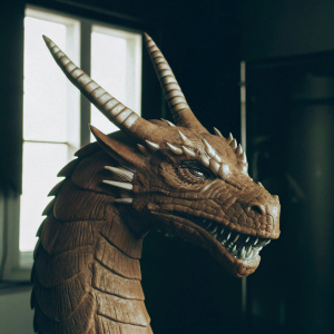A close-up photo of a 3D printed King Ghidorah head. The monochromatic image highlights the intricate details of its face, including horns, teeth, and facial structure.