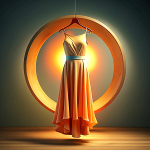 creates women's dress hanging on a wooden hook inside a golden circle