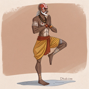 Digital artwork of Dhalsim from Street Fighter. Muted orange background. Artist's signature in bottom right corner