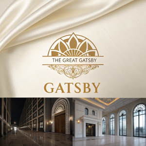 Digital artwork showcasing Gatsby's brand identity. Logo inspired by 'The Great Gatsby'. Different backgrounds from sleek white to ornate gold. Modern, sophisticated design.